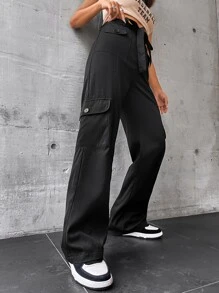 SHEIN Unity Flap Pocket Side Drawstring Waist Cargo Pants - Black - View 5
