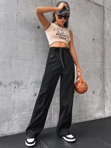 SHEIN Unity Flap Pocket Side Drawstring Waist Cargo Pants - Black - View 6
