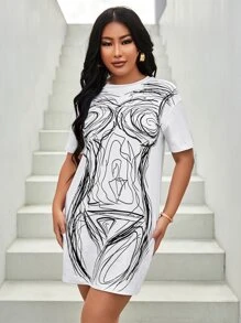 SHEIN SXY Abstract Print Drop Shoulder Dress - Black and White - View 3