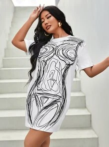 SHEIN SXY Abstract Print Drop Shoulder Dress - Black and White - View 4