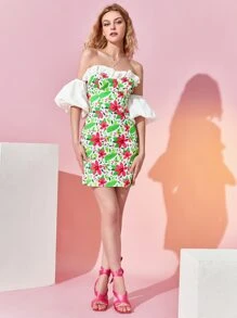 Bethany Grace 印花一字肩荷葉邊打褶露背泡泡袖連衣裙 - 彩色 - 查看 1