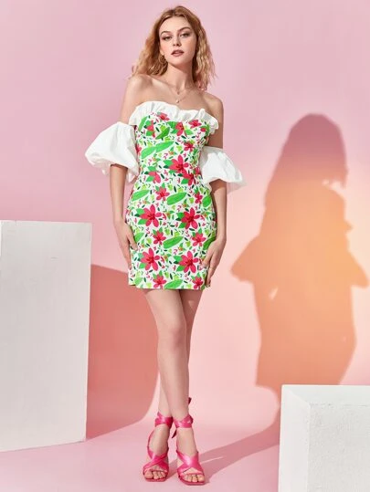 Bethany Grace Vestido con estampado floral de hombros descubiertos ribete con fruncido con fruncido de espalda abierta de manga farol