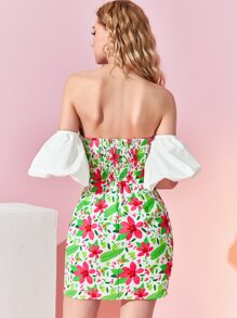 Bethany Grace 印花一字肩荷葉邊打褶露背泡泡袖連衣裙 - 彩色 - 查看 2