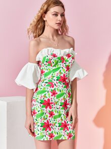 Bethany Grace 印花一字肩荷葉邊打褶露背泡泡袖連衣裙 - 彩色 - 查看 3