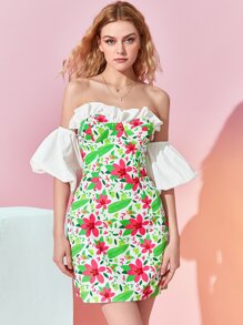 Bethany Grace 印花一字肩荷葉邊打褶露背泡泡袖連衣裙 - 彩色 - 查看 5