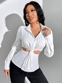 Twist Front Cut Out Shirt - White - View 1