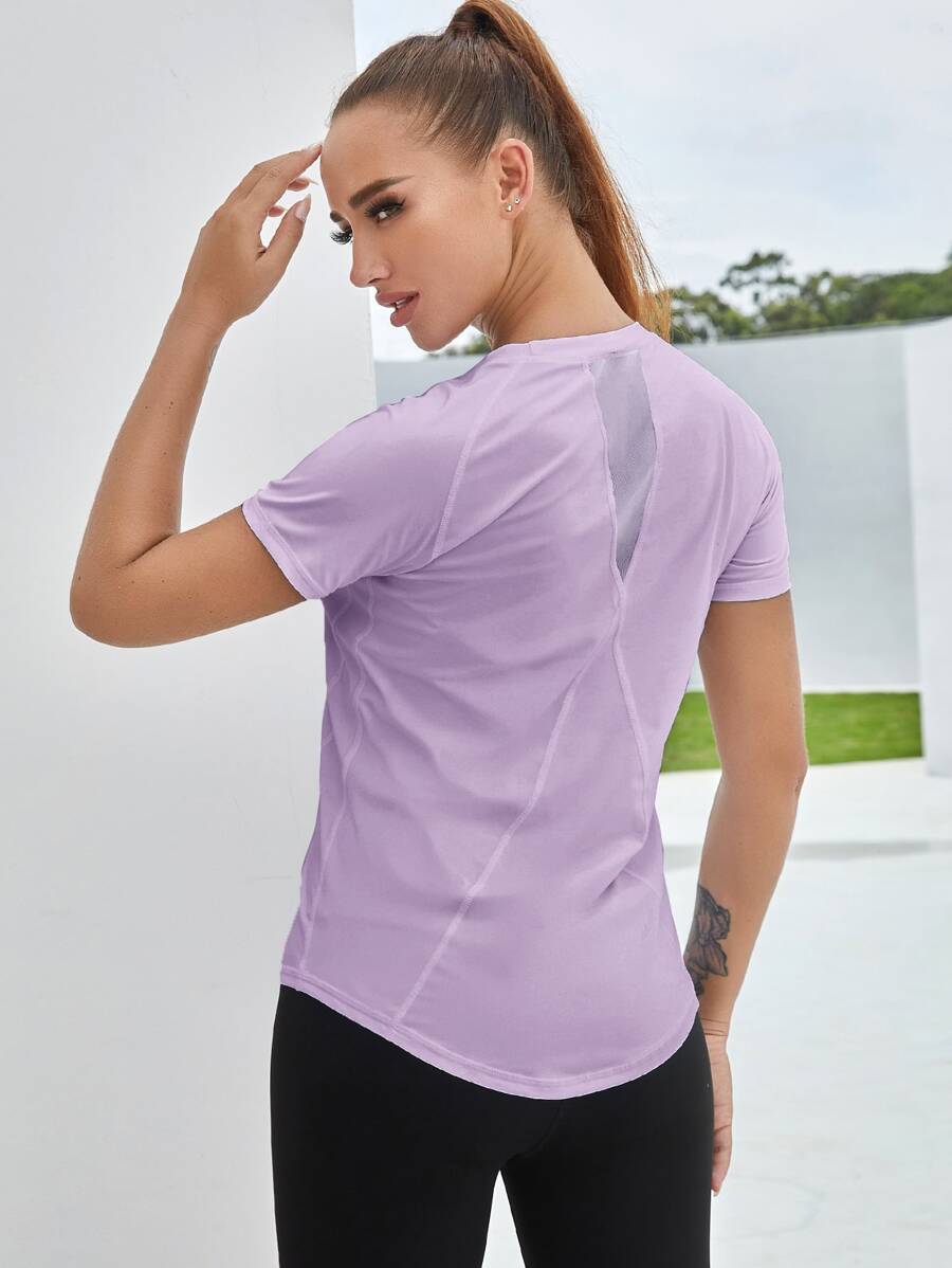 SHEIN Sports Camiseta deportiva para mujer con inserción de malla y bajo curvo transpirable - Lila Púrpura - Ver 1