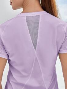 SHEIN Sports Camiseta deportiva para mujer con inserción de malla y bajo curvo transpirable - Lila Púrpura - Ver 4