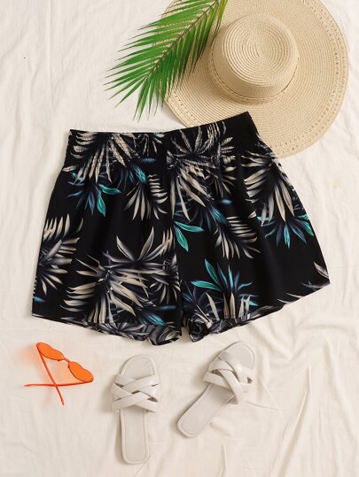 SHEIN VCAY Plus Tropical Print Shirred Waist Summer Boho Shorts
