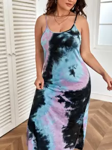 SHEIN VCAY Plus Curved Split Hem Tie Dye Cami Dress - Multicolor - View 3