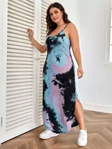 SHEIN VCAY Plus Curved Split Hem Tie Dye Cami Dress - Multicolor - View 5