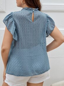 SHEIN VCAY Áo sơ mi Plus Size Tương phản ren Xù màu trơn Thanh lịch - Màu xanh bụi bặm - Xem 2