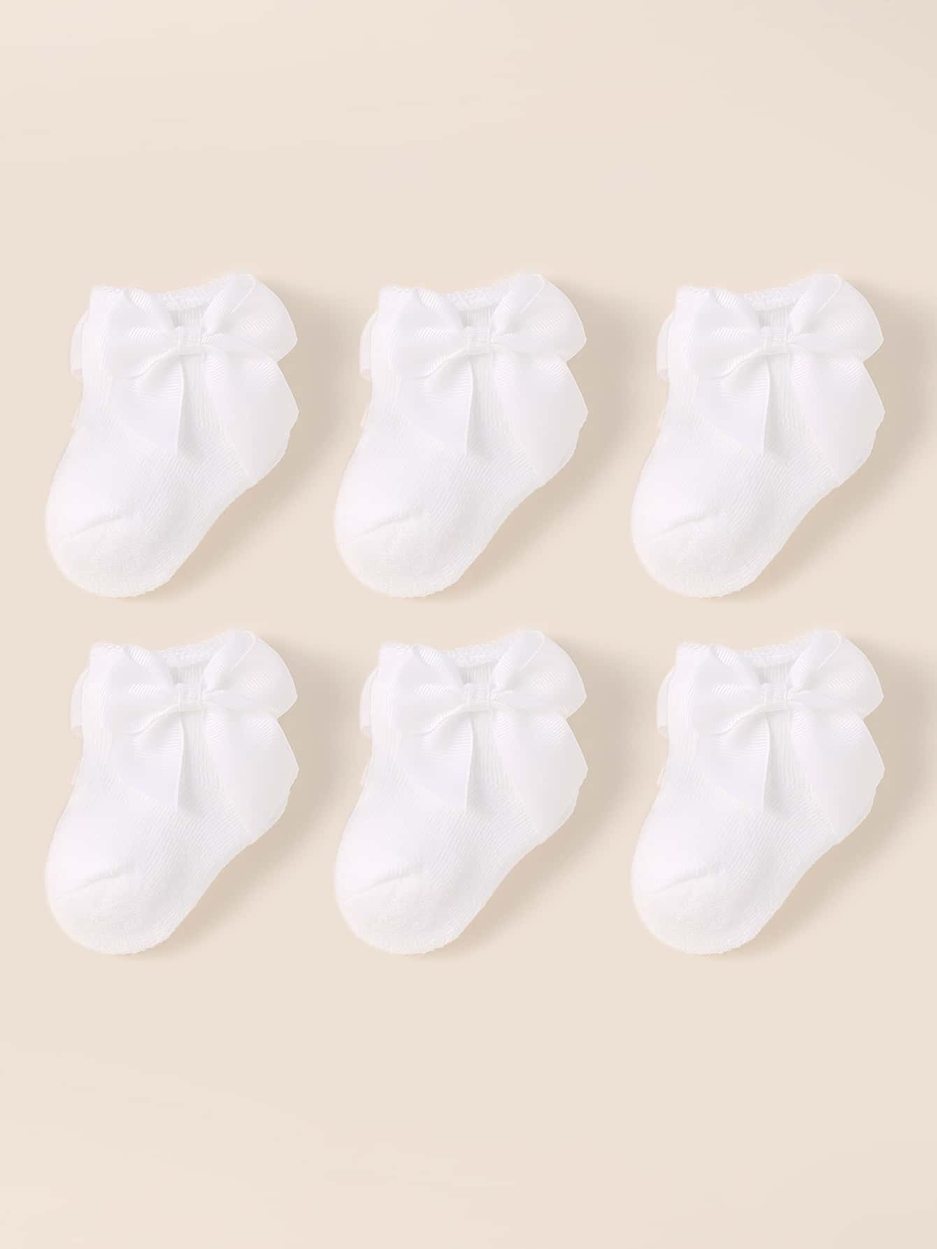 6 双装婴儿秋冬季蝴蝶结装饰保暖毛巾袜幼儿新生儿袜子 - 白色 - 查看 1