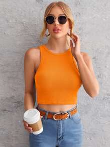 SHEIN Essnce Rib-knit Crop Tank Top - Orange - View 1