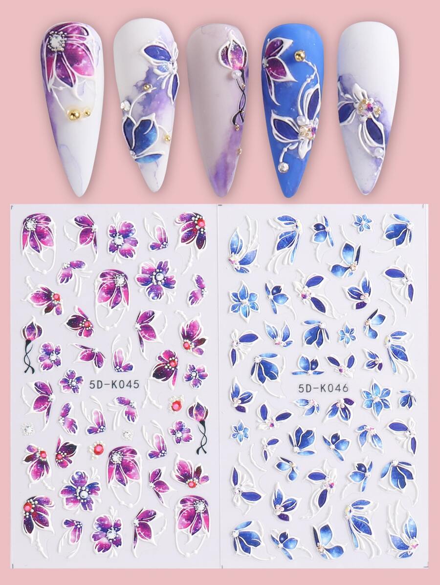 2張花朵圖案美甲貼紙 - 彩色 - 查看 1