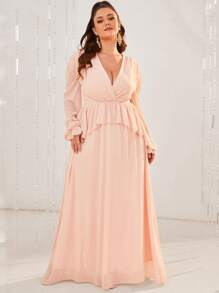 YISIKADO Plus Flounce Sleeve Ruffle Trim Plunge Neck Chiffon Dress - Baby Pink - View 1