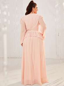 YISIKADO Plus Flounce Sleeve Ruffle Trim Plunge Neck Chiffon Dress - Baby Pink - View 2