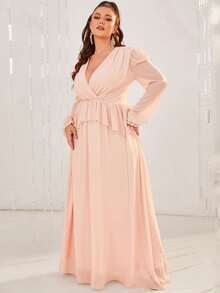 YISIKADO Plus Flounce Sleeve Ruffle Trim Plunge Neck Chiffon Dress - Baby Pink - View 3
