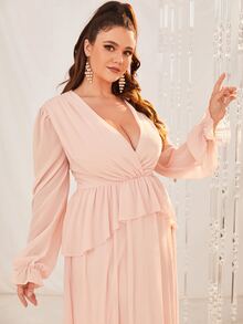 YISIKADO Plus Flounce Sleeve Ruffle Trim Plunge Neck Chiffon Dress - Baby Pink - View 5