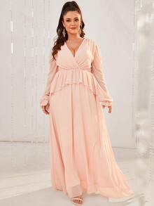 YISIKADO Plus Flounce Sleeve Ruffle Trim Plunge Neck Chiffon Dress - Baby Pink - View 6