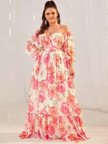YISIKADO Vestido de gasa con volantes, escote desigual y estampado floral para tallas grandes - Multicolor - Ver 2