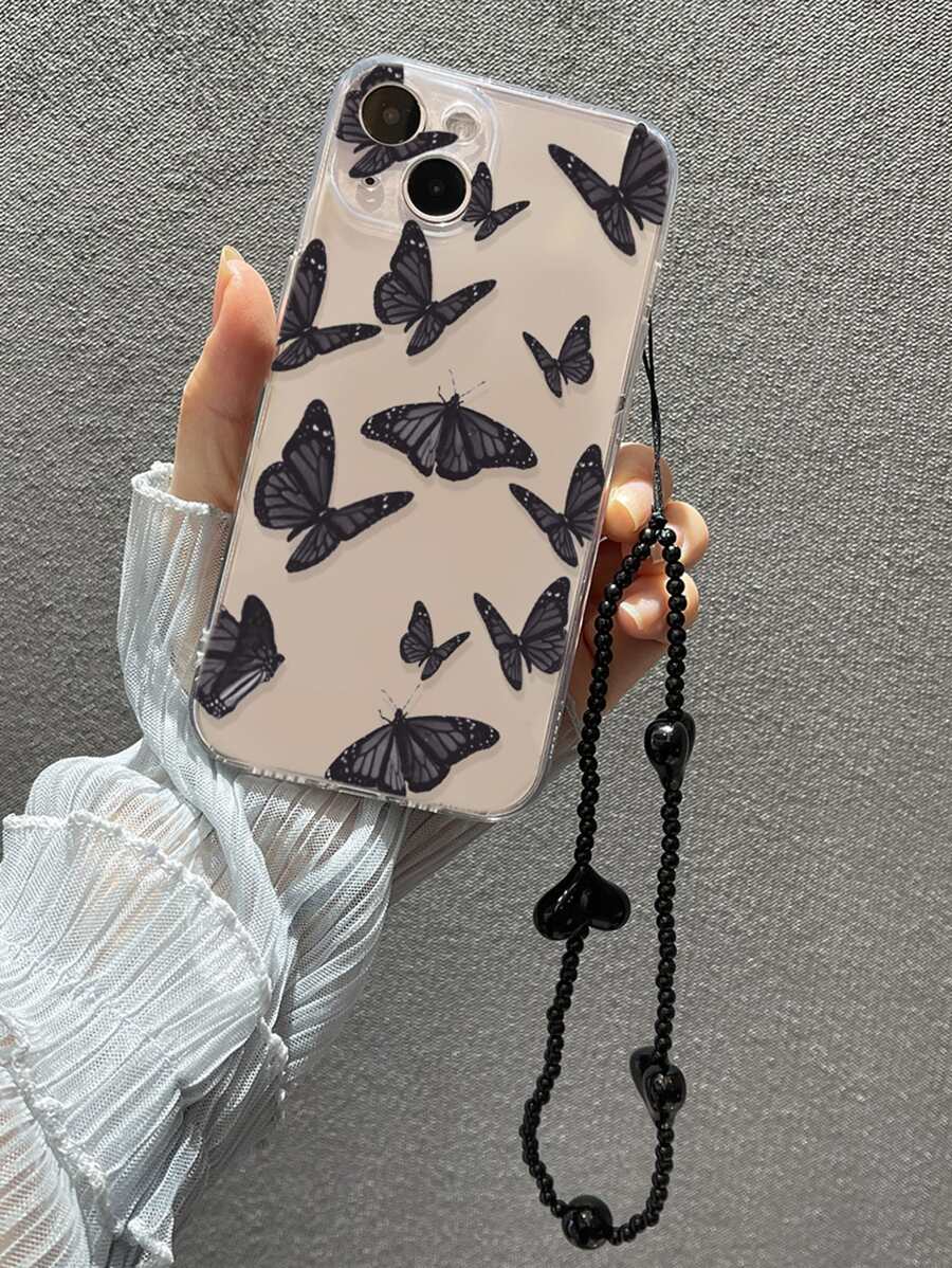 Funda de celular transparente con patrón de mariposa con tira cuenta - Multicolor - Ver 1