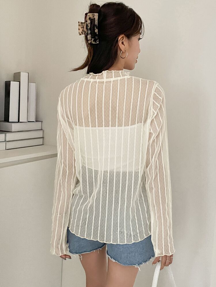 Textured Lettuce Trim Sheer Mesh Top Without Camisole