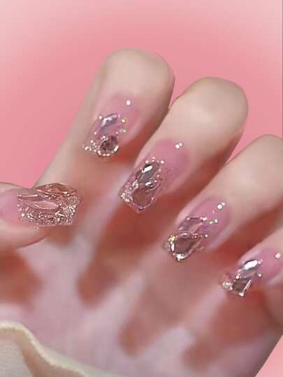 ROMWE Kawaii 24pcs Rhinestone Decor Fake Nail & 1sheet Tape