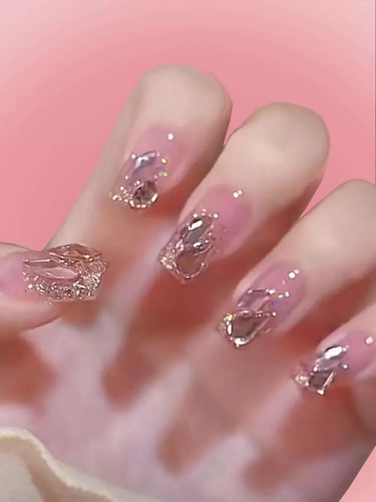 ROMWE Kawaii 24 piezas Uña postiza con diseño de diamante de imitación & 1 hoja cinta - Rosa Pálido - Añade 1