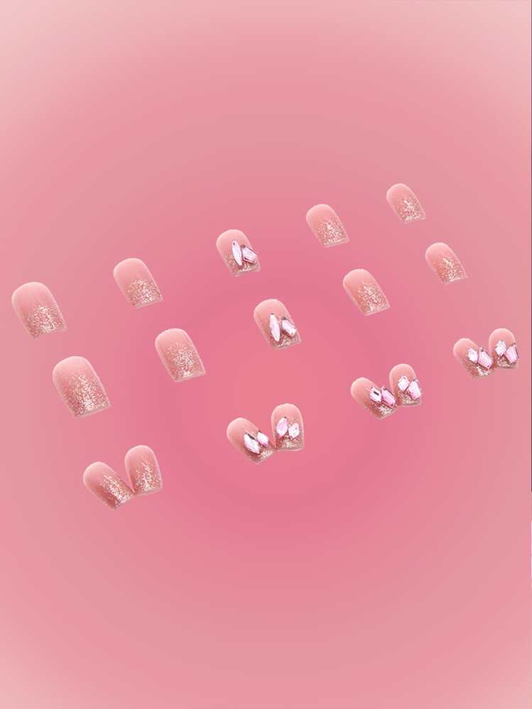 ROMWE Kawaii 24 piezas Uña postiza con diseño de diamante de imitación & 1 hoja cinta - Rosa Pálido - Añade 4