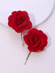 2pcs Flower Decor Hair Clip Boho Valentine's Day Valentines Claw Clips Hair Claws Hair Barrettes, School Stuff, Hair Accessories, Head Accessories, Hairpin,Festival,Party - Red - View 1