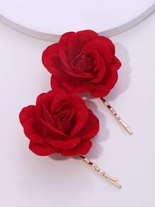 2pcs Flower Decor Hair Clip Boho Valentine's Day Valentines Claw Clips Hair Claws Hair Barrettes, School Stuff, Hair Accessories, Head Accessories, Hairpin,Festival,Party - Red - View 2