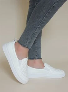 BALTEOP Fall/Winter Women's Plaid Elastic Band Casual Comfortable Leather Splice Slip-On Sneakers For Daily Wear - White - View 2