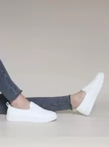 BALTEOP Fall/Winter Women's Plaid Elastic Band Casual Comfortable Leather Splice Slip-On Sneakers For Daily Wear - White - View 5