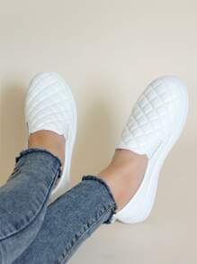 BALTEOP Fall/Winter Women's Plaid Elastic Band Casual Comfortable Leather Splice Slip-On Sneakers For Daily Wear - White - View 6