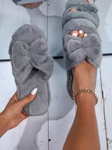 Elegant Solid Color Fluffy Bow Decor Open Toe Slide Slippers For Women, Fluffy House Slippers - Grey - View 1