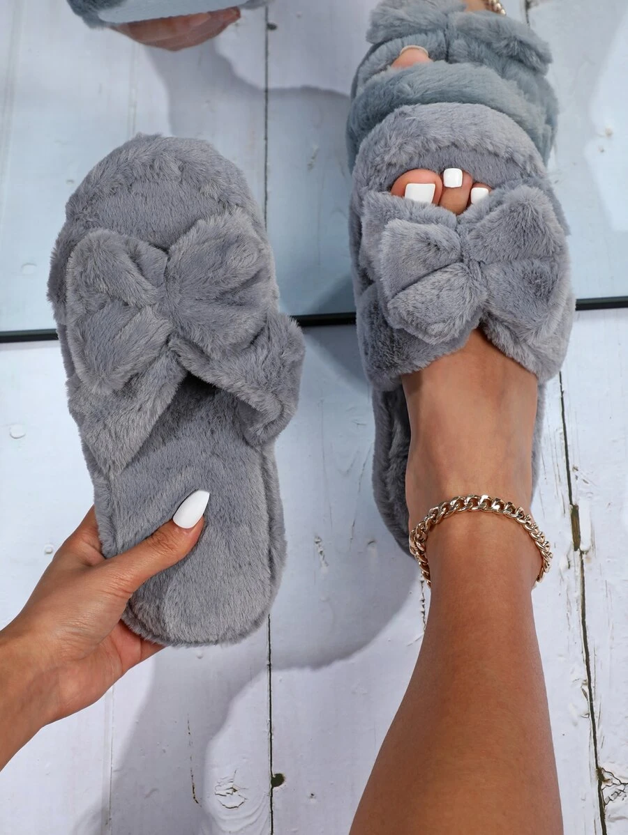 Elegant Solid Color Fluffy Bow Decor Open Toe Slide Slippers For Women, Fluffy House Slippers - Grey - View 1