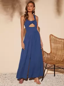 SHEIN VCAY Twist Front Cut Out Wide Leg Jumpsuit - Dusty Blue - View 1