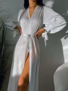 Tie Cuff Bishop Sleeve Belted Satin Robe - White - View 1