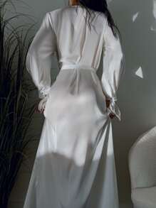 Tie Cuff Bishop Sleeve Belted Satin Robe - White - View 2