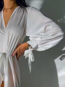 Tie Cuff Bishop Sleeve Belted Satin Robe - White - View 3