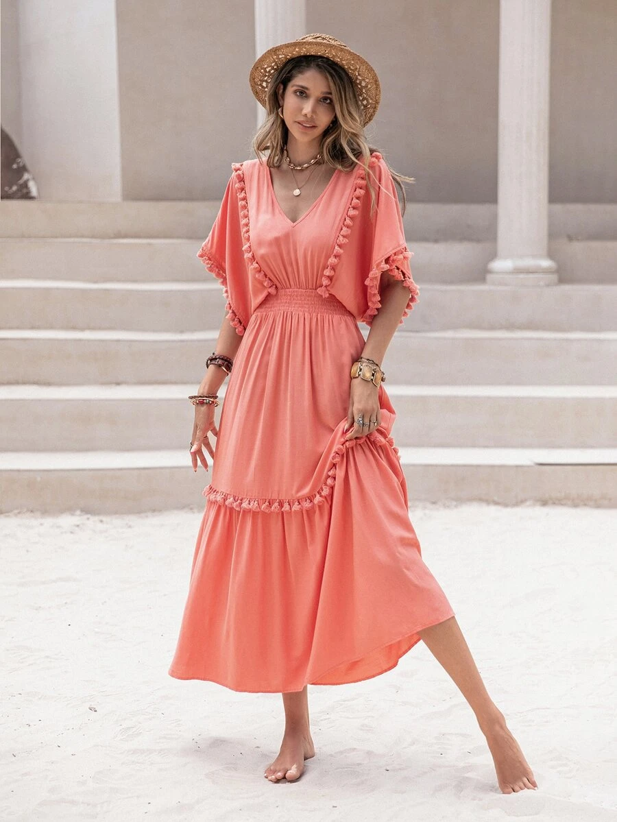 Rusttydustty Women's Coral Orange V-Neck Tassels Embellish Bat Sleeves A Dress Seaside Holiday Music Festival Boho Cruise Women Outfits - Watermelon Pink - View 1
