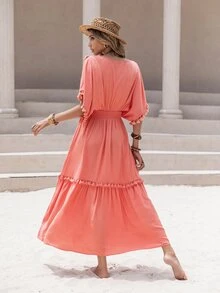 Rusttydustty Women's Coral Orange V-Neck Tassels Embellish Bat Sleeves A Dress Seaside Holiday Music Festival Boho Cruise Women Outfits - Watermelon Pink - View 2