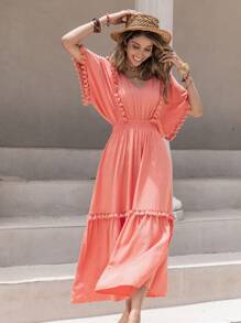 Rusttydustty Women's Coral Orange V-Neck Tassels Embellish Bat Sleeves A Dress Seaside Holiday Music Festival Boho Cruise Women Outfits - Watermelon Pink - View 3