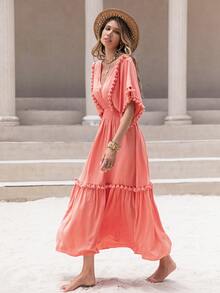 Rusttydustty Women's Coral Orange V-Neck Tassels Embellish Bat Sleeves A Dress Seaside Holiday Music Festival Boho Cruise Women Outfits - Watermelon Pink - View 4