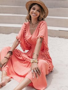 Rusttydustty Women's Coral Orange V-Neck Tassels Embellish Bat Sleeves A Dress Seaside Holiday Music Festival Boho Cruise Women Outfits - Watermelon Pink - View 5