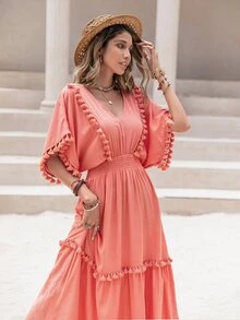 Rusttydustty Women's Coral Orange V-Neck Tassels Embellish Bat Sleeves A Dress Seaside Holiday Music Festival Boho Cruise Women Outfits - Watermelon Pink - View 6