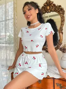 CottageSlumber Cherry Print Lettuce Trim Tie Front PJ Set / Pajama Set White Set - White - View 1