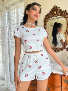 CottageSlumber Cherry Print Lettuce Trim Tie Front PJ Set / Pajama Set White Set - White - View 4