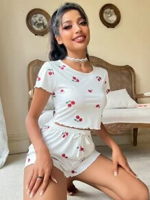 CottageSlumber Cherry Print Lettuce Trim Tie Front PJ Set / Pajama Set White Set - White - View 5